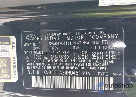 2017 Hyundai Tucson Night из США, поврежденный, VIN KM8J3CA24HU451395